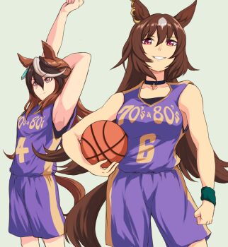 2girls absurdres animal_ears arm_up armpits ball basketball basketball_(object) basketball_jersey basketball_uniform breasts brown_hair closed_mouth ear_ornament earrings hair_between_eyes highres holding horse_ears horse_girl horse_tail jewelry large_breasts long_hair looking_at_viewer multicolored_hair multiple_girls open_mouth pendant_choker purple_eyes purple_shorts red_eyes shorts simple_background single_earring sirius_symboli_(umamusume) smile sportswear streaked_hair stretching symboli_rudolf_(umamusume) tail umamusume very_long_hair white_hair windg0 wristband