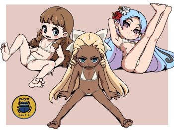 3girls artist_logo artist_name barefoot bikini blonde_hair blue_hair blush border brown_background brown_hair closed_mouth dark-skinned_female dark_skin dated dot_nose flower grey_eyes hair_flower hair_ornament legs_up logo loli long_hair looking_at_viewer m_legs multiple_girls navel original outside_border purple_eyes red_flower serious simple_background sitting smile spread_legs swimsuit very_dark_skin white_bikini white_border white_flower yuuya_(blue_scarab)