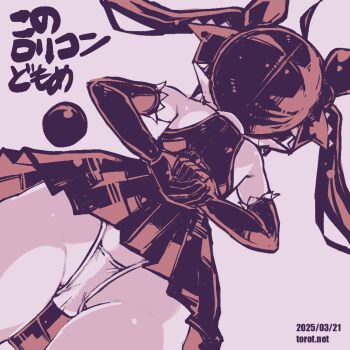 1girl ahoge arms_behind_back ass backbeako_(torotei) backbeard bare_shoulders cameltoe commentary dated dated_commentary dress dutch_angle elbow_gloves from_side gegege_no_kitarou gloves hair_ribbon kono_lolicon_domome loli long_hair monochrome original own_hands_together paid_reward_available panties pink_background pink_theme pointy_ears ribbon simple_background sleeveless sleeveless_dress solo torotei twintails underwear watermark web_address