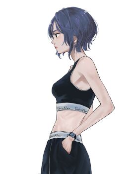 1girl absurdres black_eyes black_shorts black_sports_bra blue_hair breasts calvin_klein closed_mouth commentary_request cowboy_shot earrings expressionless from_side hand_in_pocket highres jewelry looking_ahead medium_breasts no_shirt original ourin_(procyon) panties pink_lips profile short_hair shorts simple_background smartwatch solo sports_bra sports_panties standing stud_earrings underwear watch white_background wristwatch