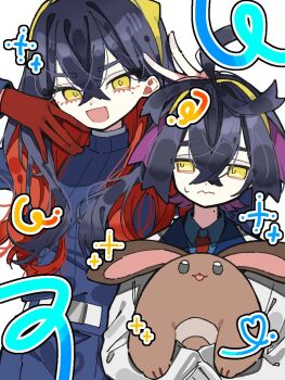 1boy 1girl :3 :d black_hair blue_jacket blue_shirt brother_and_sister brown_fur carmine_(pokemon) collared_shirt colored_inner_hair commentary_request crossed_bangs gen_2_pokemon gloves grey_eyes hair_between_eyes hairband highres holding holding_pokemon ino_climate jacket kieran_(pokemon) long_hair long_sleeves looking_at_another looking_at_viewer mole mole_on_neck mole_under_eye multicolored_hair necktie nintendo open_mouth pokemon pokemon_(creature) pokemon_sv purple_hair red_gloves red_hair red_necktie sentret shirt siblings simple_background smile tongue tongue_out two-tone_hair upper_body v white_background white_jacket yellow_eyes yellow_hairband