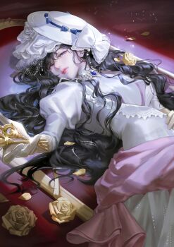 1girl absurdres black_hair bow dress flower giving gloves hat hat_bow highres holding holding_key isolde_(reverse:1999) juliet_sleeves key lee_yoom long_hair long_sleeves looking_at_viewer lying on_back outstretched_hand petals picture_frame pink_lips puffy_sleeves purple_eyes reverse:1999 rose solo tilted_headwear upper_body veil white_bow white_dress white_hat white_veil yellow_flower yellow_gloves yellow_rose