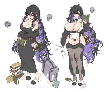 1girl absurdres alternate_costume apron bags_under_eyes black-framed_eyewear black_cardigan black_hair book book_holster book_stack book_strap breasts cardigan cardigan_partially_removed collarbone colored_inner_hair commentary curvy dress floating_skull frills garter_belt garter_straps glasses goddess_of_victory:_nikke hair_over_one_eye highres holding holding_book holding_stuffed_toy huge_breasts label_(nikke) long_hair looking_at_viewer maid_apron messy_hair mikeymegamega mole mole_on_breast multicolored_hair nervous_smile purple_hair purple_streaks sleeves_past_wrists slippers smile solo stuffed_animal stuffed_rabbit stuffed_toy taut_clothes taut_dress thick_thighs thighhighs thighs very_long_hair wavy_mouth wide_hips