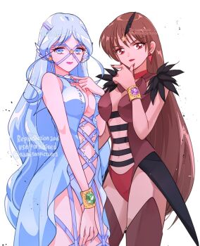 Rule 34 | 2girls, bikini, bikini bottom only, bishoujo senshi sailor moon, bishoujo senshi sailor moon stars, blue bikini, blue dress, blue hair, bracelet, breasts, center opening, cleavage, dress, earrings, fur-trimmed collar, fur trim, gem, green gemstone, highres, jewelry, long hair, looking at viewer, multiple girls, namisonpictures, navel, purple gemstone, red bikini, red dress, red hair, sailor aluminum seiren, sailor lead crow, simple background, star (symbol), star earrings, swimsuit, white background