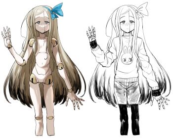 1girl absurdres black_eyes blonde_hair bow camera catseye clothing_request cloud cloudy_sky colored_tips commentary completely_nude dizzyspells doll_joints english_commentary featureless_crotch feet_out_of_frame hair_between_eyes hair_bow highres joints layered_clothes layered_sleeves long_hair looking_at_viewer multicolored_hair multiple_views nude original shorts sky standing sweater tareme turtleneck turtleneck_sweater very_long_hair