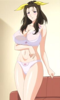 00s 1girl 2008 anime_screenshot aunt bra breasts brown_hair dress hair_ribbon high_ponytail housewife large_breasts lingerie long_hair mature_female panties ponytail purple_eyes ribbon saiminjutsu_2 standing stitched tagme takase_shino third-party_edit underwear yellow_hair_ribbon yellow_ribbon