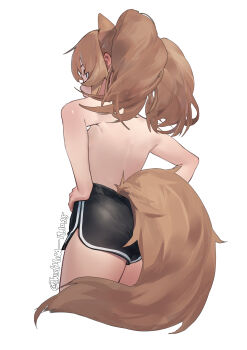 1girl absurdres angelina_(arknights) animal_ears arknights black_shorts brown_hair commentary dated dolphin_shorts english_commentary extra_ears fox_ears fox_girl fox_tail from_behind hands_on_own_hips highres mkrk_mikaerukung shorts simple_background solo tail topless_female twintails twitter_username white_background