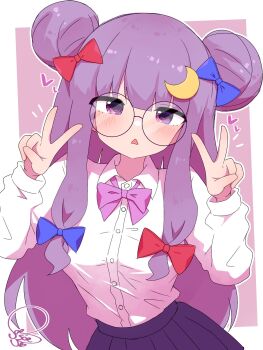 1girl alternate_costume black_skirt blunt_bangs bow bowtie chestnut_mouth collared_shirt crescent crescent_hair_ornament double_bun double_v dress_shirt glasses hair_bun hair_ornament highres light_blush long_hair patchouli_knowledge purple_bow purple_bowtie purple_eyes purple_hair round_eyewear shirt skirt soesoe300 solo touhou v white_shirt