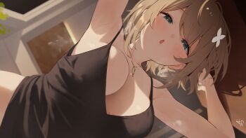 1girl :o absurdres aogiri_koukou aqua_eyes arm_behind_head armpits arms_up black_camisole blurry blurry_background blush breasts breath brown_hair camisole cleavage commentary_request dutch_angle gold_necklace hair_ornament highres jewelry kkix25 kurikoma_komaru large_breasts looking_at_viewer necklace open_mouth short_hair solo spaghetti_strap virtual_youtuber