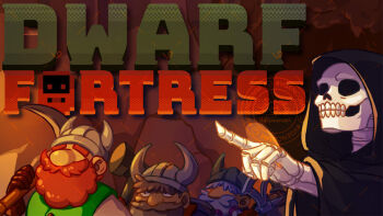 5boys beard black_robe brown_gloves brown_hair cave_interior commentary commission copyright_name dwarf dwarf_fortress english_commentary facial_hair fake_horns gloves grey_hair halberd hammer helmet holding holding_hammer holding_pickaxe horned_helmet horns indie_virtual_youtuber multiple_boys mustache natsumencaps pickaxe pointing polearm red_hair robe skeleton skullnaught sledgehammer video_thumbnail weapon youtube_video_thumbnail