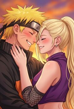 Rule 34 | 1boy, 1girl, absurdres, blonde hair, blush, commentary, couple, english commentary, flak jacket, forehead protector, happy, highres, jacket, konohagakure symbol, naruto (series), naruto shippuuden, orange jacket, shirt, smile, spiked hair, striped clothes, striped shirt, sunset, user negu3348, uzumaki naruto, yamanaka ino