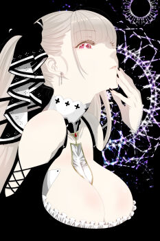 1girl azur_lane bare_shoulders between_breasts black_nails black_ribbon breasts cleavage clothing_cutout commentary_request dress earrings formidable_(azur_lane) frilled_dress frills from_side grey_hair hair_ribbon highres jewelry large_breasts long_hair meteolance nail_polish necktie necktie_between_breasts parted_lips red_eyes ribbon shoulder_cutout solo twintails two-tone_ribbon upper_body white_ribbon