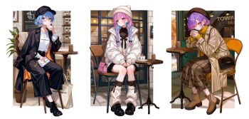 bag beret black_boots black_coat black_pants black_shoes black_socks blue_hair bob_cut boots border braid brown_boots brown_coat brown_hat casual chair closed_mouth coat coat_on_shoulders cup disposable_cup earrings full_body gradient_hair green_eyes hat highres holding holding_bag holding_cup hololive hoshimachi_suisei jacket jewelry knit_hat long_skirt long_sleeves looking_at_viewer looking_to_the_side loose_socks minato_aqua multicolored_hair on_chair open_clothes open_jacket outdoors outside_border pants pink_bag pink_eyes pink_hair plaid_clothes plaid_skirt pointy_ears purple_hair ribbed_sweater sa-ya2 shoes short_hair shoulder_bag sitting skirt socks sweater teacup tokoyami_towa turtleneck turtleneck_sweater twin_braids two-tone_hair virtual_youtuber white_bag white_border white_jacket white_socks yellow_sweater