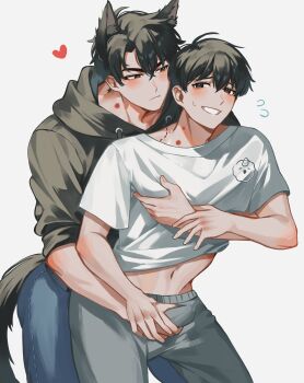 2boys absurdres animal_ears bite_mark bite_mark_on_neck black_eyes black_hair black_hoodie commentary contrapposto cowboy_shot denim frown furrowed_brow furry furry_male groping hair_between_eyes hand_on_another's_chest hand_on_another's_crotch hand_on_another's_wrist hickey highres hood hood_down hoodie jeans kim_dokja looking_at_another looking_back male_focus multiple_boys nervous_sweating omniscient_reader's_viewpoint pants papercider possessive shirt short_hair sweat sweatdrop symbol-only_commentary t-shirt tail testicle_grab white_shirt wolf_ears wolf_tail yaoi yoo_joonghyuk