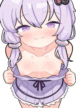 1girl :3 blush breasts closed_mouth cowboy_shot cum cum_on_body cum_on_breasts cum_on_upper_body dress from_above hair_ornament highres looking_at_viewer nipples purple_eyes purple_hair scarfy_(scarfy_chang) simple_background small_breasts solo standing straight-on voiceroid white_background yuzuki_yukari