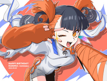 Rule 34 | 1girl, black hair, breasts, character name, commentary request, cowboy shot, dated, dress, eyeliner, fingerless gloves, gloves, happy birthday, highres, holding, holding megaphone, itsumeee3, kasuka (vesperbell), leaning forward, looking at viewer, makeup, medium breasts, megaphone, one eye closed, open mouth, orange background, orange eyeliner, orange eyes, orange gloves, short hair, smile, solo, vesperbell, virtual youtuber, w, w over eye, white dress