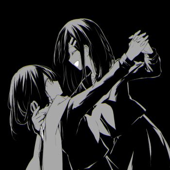 2girls aaniko black_background clone closed_eyes commentary_request cowboy_shot dark expressionless facing_another greyscale hair_ornament hairclip holding holding_hands holding_scissors interlocked_fingers kagerou_project long_hair long_sleeves looking_at_another monochrome multiple_girls neckerchief open_mouth parted_lips sailor_collar scarf school_uniform scissors serafuku simple_background skirt smile tateyama_ayano