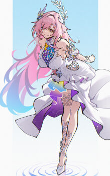 1girl absurdres bare_shoulders blue_hair breasts closed_mouth commentary commission cyrene_(honkai:_star_rail) cyrene_(ripples_of_past_reverie)_(honkai:_star_rail) dress dryegen english_commentary flower full_body hair_flower hair_ornament high_heels highres honkai:_star_rail honkai_(series) large_breasts leaning_forward long_hair looking_at_viewer pink_eyes pink_hair pointy_ears purple_flower purple_rose ripples rose shoes sidelocks smile solo very_long_hair white_dress white_shoes