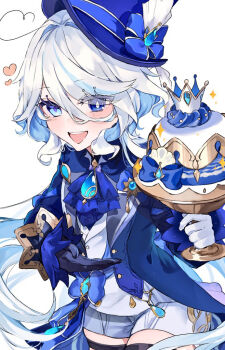 Rule 34 | "pour la justice" (genshin impact), 1girl, :d, ahoge, ascot, asymmetrical gloves, black ascot, blue ascot, blue bow, blue eyes, blue gem, blue gloves, blue hair, blue hat, blue jacket, blue pupils, blush, bow, brooch, buttons, cake, cake stand, commentary, cowlick, drop-shaped pupils, eyelash ornament, eyelashes, floating hair, food, furina (genshin impact), gem, genshin impact, gloves, hair between eyes, hair intakes, hand up, hat, hat bow, heart, heterochromia, holding, holding cake, holding food, hydro symbol (genshin impact), jacket, jewelry, lapels, long hair, long sleeves, looking at viewer, mismatched gloves, mismatched pupils, multicolored hair, open clothes, open jacket, open mouth, ouji fashion, pastry, shinoo0915, shirt, short shorts, shorts, sidelocks, simple background, smile, solo, sparkle, splendor of tranquil waters (genshin impact), streaked hair, suikyou394, swept bangs, symbol-shaped pupils, teeth, thigh strap, tilted headwear, top hat, upper teeth only, white background, white gloves, white hair, white shirt, white shorts