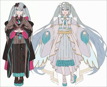 Rule 34 | 2girls, adapted costume, alternate costume, alternate hairstyle, aqua eyes, aqua hair, aqua nails, batsu miku, black kimono, bow, commentary request, double bun, dual persona, full body, gold trim, hair bow, hair bun, hair ornament, hakusai (tiahszld), hatsune miku, highres, hiramado miku, japanese clothes, kimono, kowareta sekai to utaenai miku, long sleeves, looking at viewer, multiple girls, own hands together, project sekai, sandals, socks, vocaloid, white background, white bow, white kimono, white socks, x hair ornament