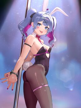 1girl absurdres ahoge animal_ears aqua_eyes aqua_hair arms_behind_back bare_shoulders black_leotard blush bow breasts closed_mouth clothing_cutout commentary_request covered_navel cutout_above_navel fake_animal_ears fake_tail hair_between_eyes hair_ornament hairband hatsune_miku heart heart-shaped_pupils highres kkumboo leotard long_hair looking_at_viewer medium_breasts miku_day o-ring o-ring_thigh_strap pantyhose playboy_bunny pole rabbit_ears rabbit_hole_(vocaloid) rabbit_tail red_bow smile solo symbol-shaped_pupils tail thigh_strap thighhighs tongue tongue_out vocaloid white_hairband