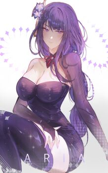 1girl a_r_i_a absurdres alternate_costume artist_name breasts cleavage commentary dress flower genshin_impact hair_flower hair_ornament highres large_breasts long_hair looking_at_viewer purple_dress purple_eyes purple_hair purple_thighhighs raiden_shogun single_sleeve sitting smile solo thighhighs thighs very_long_hair white_background