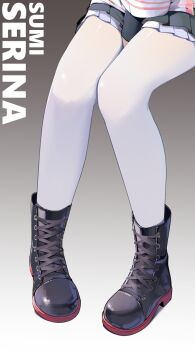 1girl between_legs black_boots black_skirt blue_archive boots character_name chinese_commentary commentary_request frilled_skirt frills hand_between_legs highres legs lower_body miniskirt painterliuhao pantyhose pleated_skirt serina_(blue_archive) sitting skirt solo white_pantyhose