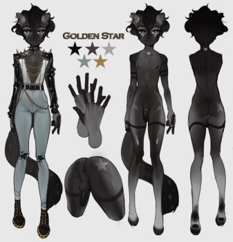 1boy animal_ears anus arms_at_sides ass black_hair cat_boy cat_ears cat_tail earrings full_body furry furry_male grey_pants highres jewelry long_sleeves looking_at_viewer male_focus original pants penis penis_piercing piercing pita-potato short_hair standing star_(symbol) tail testicles trap white_background