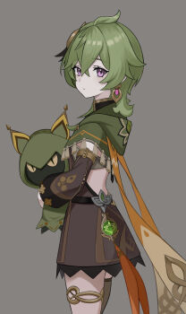 1girl absurdres alternate_costume bad_id bad_pixiv_id capelet collei_(genshin_impact) cuilein-anbar_(genshin_impact) genshin_impact green_capelet green_hair half-closed_eyes highres kit looking_at_viewer purple_eyes solo vision_(genshin_impact)