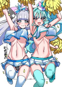 aqua_eyes aqua_thighhighs armpits arms_up asortofcolorfag black_panties bouncing_breasts breasts cheerleader colorized commentary cropped_shirt crown cure_lillian cure_nyammy english_commentary grey_hair hair_ribbon hat highres holding holding_pom_poms lips mini_crown mini_hat mini_top_hat miniskirt miyagoe_yoshitsuki navel nekoyashiki_mayu nekoyashiki_yuki panties pom_pom_(cheerleading) pom_poms precure red_eyes ribbon skirt standing standing_on_one_leg stomach teeth thighhighs top_hat underboob underwear white_panties white_thighhighs