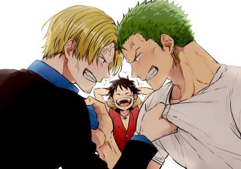 Rule 34 | 3boys, black hair, black jacket, blonde hair, blue shirt, commentary request, curly eyebrows, earrings, goma1132, green hair, grimace, highres, jacket, jewelry, long sleeves, monkey d. luffy, multiple boys, one piece, open mouth, red shirt, roronoa zoro, sanji (one piece), scar, scar on face, shirt, short hair, sideburns, simple background, veiny face, white background, white shirt