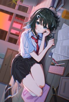 1girl absurdres alternate_costume arknights black_feathers black_hair black_skirt blue_eyes blush book collared_shirt commentary cup cushion diagonal-striped_clothes diagonal-striped_necktie drawer drinking_glass feather_hair feathers gradient_feathers hair_ornament hairpin highres indoors juice la_pluma_(arknights) looking_at_viewer lying miniskirt necktie on_side open_mouth orange_juice paper pleated_skirt red_necktie school_uniform selene_(yechan1245) shirt short_hair short_sleeves skirt socks solo striped_clothes thighs white_shirt white_socks zabuton