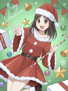 Rule 34 | 1girl, :d, azumanga daiou, banner, bell, brown eyes, brown hair, candy, candy cane, christmas, christmas ornaments, christmas present, dress, food, gift, green background, hat, highres, holding, holding candy, holding candy cane, holding food, kasuga ayumu, long hair, merry christmas, naoyuki arts, open mouth, santa costume, santa dress, santa hat, smile, star (symbol), twitter username, v