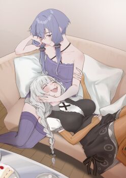 2girls absurdres bare_arms bare_shoulders black_dress braid cake cake_slice closed_eyes commentary couch cushion dress food hand_on_another's_face hand_on_another's_head highres indoors kizuna_akari lap_pillow looking_at_another multiple_girls on_couch open_mouth orange_pantyhose pantyhose parted_lips purple_dress purple_eyes purple_hair purple_thighhighs smile thighhighs twin_braids twintails uni_zarigani voiceroid white_hair yuri yuzuki_yukari