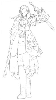 Rule 34 | 1boy, absurdres, clip studio paint (medium), graphite (medium), highres, male focus, monocle, monocle chain, sicklebx, sketch, sword, sword of convallaria, traditional media, video game, weapon