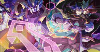 3boys accesscode_talker accode_talker_@ignister ai_(yu-gi-oh!) ass black_bodysuit black_coat black_hair blonde_hair bodysuit brown_hair card coat fujiki_yusaku green_eyes group_picture highres holding holding_card holding_sword holding_weapon male_focus medium_hair multicolored_hair multiple_boys playmaker_(yu-gi-oh!) purple_eyes short_hair sword two-tone_hair weapon yellow_eyes yu-gi-oh! yu-gi-oh!_vrains zackpyo