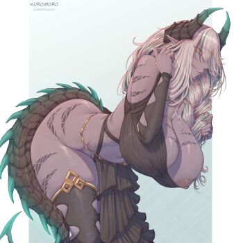 1girl absurdres bare_shoulders bent_over black_dress black_thighhighs blonde_hair body_markings braid breasts cleavage clothing_cutout colored_skin dark-skinned_female dark_skin dragon_girl dragon_horns dragon_tail dress eyes_visible_through_hair green_hair grey_skin hair_over_one_eye hanging_breasts highres horns huge_breasts kuromoro large_breasts leaning_forward leg_tattoo long_hair looking_at_viewer multicolored_hair navel nipple_slip nipples one_breast_out original pelvic_curtain pointy_ears scales solo streaked_hair tail tattoo thick_thighs thighhighs thighs yellow_eyes