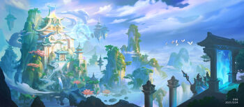 2others absurdres architecture bird blue_sky bridge chinese_clothes cloud cloudy_sky day east_asian_architecture floating_building highres holding holding_staff jin916 multiple_others original outdoors path portal_(object) road scenery sky staff stairs tree