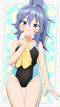 1girl black_one-piece_swimsuit blue_eyes blue_hair blush breasts closed_mouth collarbone competition_swimsuit covered_navel cowboy_shot gluteal_fold groin hagi_(kunoichi_tsubaki_no_mune_no_uchi) hair_between_eyes highleg highleg_one-piece_swimsuit holding holding_towel ishigakiseiya kunoichi_tsubaki_no_mune_no_uchi loli long_hair looking_at_viewer one-piece_swimsuit ponytail small_breasts solo standing swimsuit thigh_gap towel