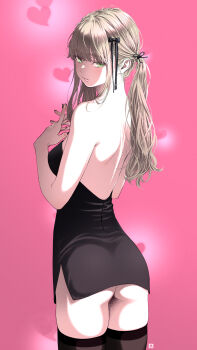 1girl absurdres ass backless_dress backless_outfit black_dress black_thighhighs blonde_hair blush breasts commentary_request dress from_behind green_eyes heart highres key_(kagibangou) long_hair looking_at_viewer looking_back original own_hands_together parted_lips pink_background short_dress small_breasts solo thighhighs twintails