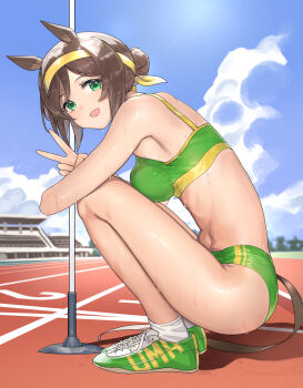 1girl absurdres animal_ears blue_sky breasts brown_hair buruma cloud commentary_request day from_side full_body green_buruma green_eyes green_shoes green_sports_bra hair_bun hayakawa_tazuna highres horse_ears horse_girl horse_tail looking_at_viewer looking_to_the_side open_mouth oshiri_seijin running_track shiny_skin shoes sky smile sneakers solo sports_bra squatting sweat tail umamusume v