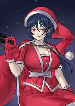 Rule 34 | 1girl, absurdres, bag, blue hair, breasts, cape, cleavage, commentary request, gonglijeongli, hat, highres, holding, holding bag, iizunamaru megumu, large breasts, night, open mouth, pointy ears, red bag, red cape, red eyes, red shirt, red skirt, santa costume, santa hat, shirt, short sleeves, skirt, snow, solo, touhou, tripod, white trim