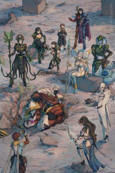 4boys 6+girls absurdres adeptus_astartes armor asymmetrical_clothes bow_(weapon) breasts butler camera carl_tabora cleavage cleavage_cutout clothing_cutout crater eldar fanfiction_available farseer highres holding holding_bow_(weapon) holding_camera holding_polearm holding_staff holding_weapon lamia monster_girl multiple_boys multiple_girls necron pointy_ears polearm power_armor robot spear staff t'au taking_picture warhammer_40k weapon