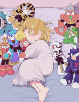 1girl :o aged_down bad_id bad_pixiv_id blonde_hair bright_man child closed_eyes colored_eyelashes dive_man doll drill_man dust_man gu30fbs kalinka_cossack_(mega_man) lying mega_man_(classic) mega_man_(series) mega_man_4 nightgown on_bed on_side pharaoh_man pillow ring_man skull_man sleeping toad_man