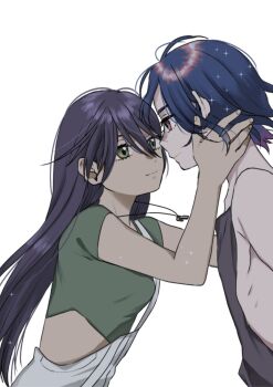 1boy blue_hair commentary_request crop_top gundam gundam_gquuuuuux hand_on_another's_face hetero highres jewelry long_hair looking_at_another momoshny multicolored_hair necklace nyaan_(gundam_gquuuuuux) overalls purple_hair red_eyes shirt short_hair shuji_ito simple_background sleeveless smile tank_top two-tone_hair upper_body white_background yellow_eyes