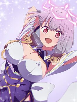1girl :d arm_behind_head back_bow bow breasts cleavage commentary detached_sleeves epaulettes gloves gridman_universe gridman_universe_(movie) halo highres large_breasts looking_at_viewer medium_hair open_mouth pink_halo purple_background purple_hair purple_skirt red_eyes shinjou_akane shinjou_akane_(new_order) shirt skirt smile solo sparkle ssss.gridman user_nnzp7537 white_bow white_gloves