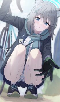 1girl absurdres animal_ear_fluff animal_ears assault_rifle bicycle blue_archive blue_eyes blue_scarf cameltoe commentary_request cross cross_hair_ornament extra_ears grey_hair gun hair_ornament halo highres inverted_cross looking_at_viewer medium_hair mismatched_pupils night_known panties pantyshot reaching reaching_towards_viewer rifle scarf shiroko_(blue_archive) shoes sig_sauer_556 solo squatting striped_clothes striped_panties sweat underwear weapon wolf_ears wolf_girl