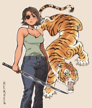 1girl absurdres commentary denim eyepatch feet_out_of_frame heidi_(heytherenrds) highres holding holding_sword holding_weapon jeans original pants short_hair short_sword solo sword symbol-only_commentary tantou tiger weapon