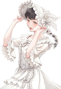 Rule 34 | 1girl, aqua eyes, aristocratic clothes, black hair, bonnet, braid, brown eyes, dress, flower, frilled dress, frills, hair flower, hair ornament, long hair, multicolored eyes, original, otto (otto52coffee), pink lips, single braid, solo, upper body, upturned nose, white background, white dress, white theme