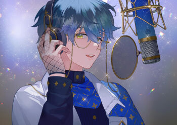 Rule 34 | 1boy, adjusting headphones, blue hair, commentary request, fishnet gloves, fishnets, gloves, grey background, ike eveland, ike eveland (1st costume), looking at viewer, male focus, microphone, nijisanji, nijisanji en, parted lips, pop filter, short hair, solo, studio microphone, teeth, upper body, upper teeth only, virtual youtuber, yellow-framed eyewear, yellow eyes, yin2000